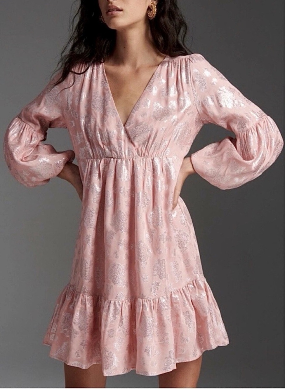 Anthropologie Jolene Jacquard Shimmer Mini Dress  XXS Puff Sleeve V-Neck Pink
